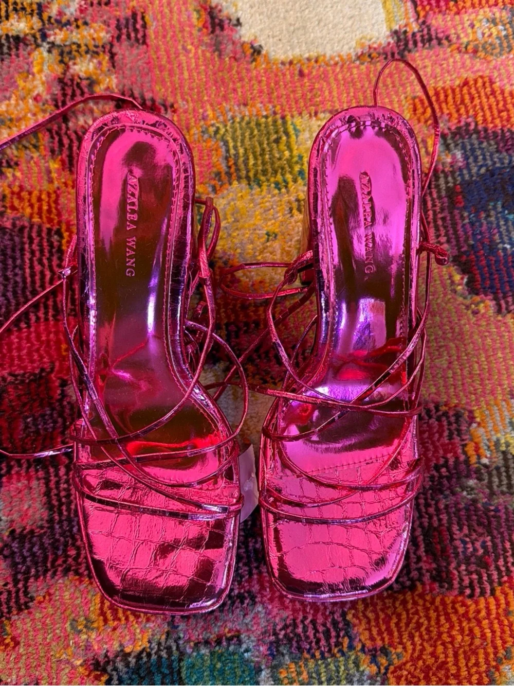 AZALEA WANG Metallic Fuchsia Lace-Up Heeled Sandals